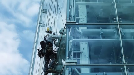 Poster - Highlight a robot installing glass panels on a high-rise building.