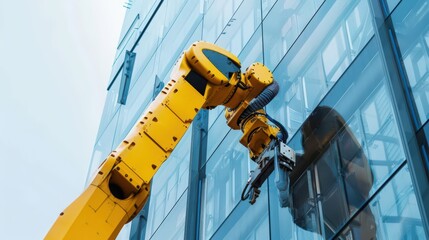 Poster - Highlight a robot installing glass panels on a high-rise building.