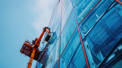 Poster - Highlight a robot installing glass panels on a high-rise building.
