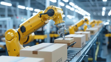 Aufkleber - robot packaging products on an assembly line, showcasing the efficiency and reliability of robotic packaging solutions