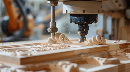 Poster - robot performing detailed woodworking tasks, such as creating custom cabinetry and fixtures
