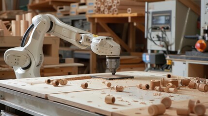 Poster - robot performing detailed woodworking tasks, such as creating custom cabinetry and fixtures