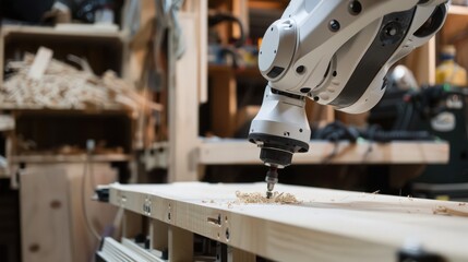 Poster - robot performing detailed woodworking tasks, such as creating custom cabinetry and fixtures