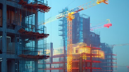 Poster - robotic system performing real-time monitoring and adjustments on a high-rise construction site, ensuring