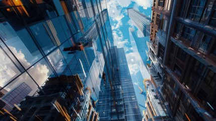 Poster - robotic system performing real-time monitoring and adjustments on a high-rise construction site, ensuring