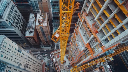 Poster - robotic system performing real-time monitoring and adjustments on a high-rise construction site, ensuring