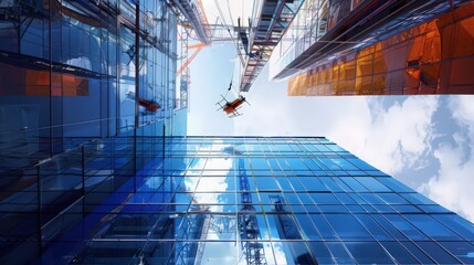 Poster - drones and robotic cranes are lifting and positioning large glass panels for a new high-rise building,