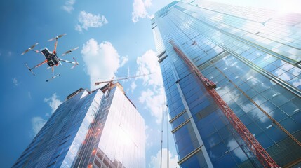 Poster - drones and robotic cranes are lifting and positioning large glass panels for a new high-rise building,