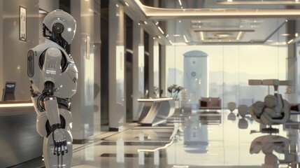 Poster - Highlight a scene where robots are working on the interior of a high-rise, installing advanced lighting
