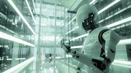 Poster - Highlight a scene where robots are working on the interior of a high-rise, installing advanced lighting