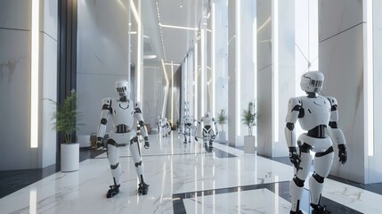 Poster - Highlight a scene where robots are working on the interior of a high-rise, installing advanced lighting
