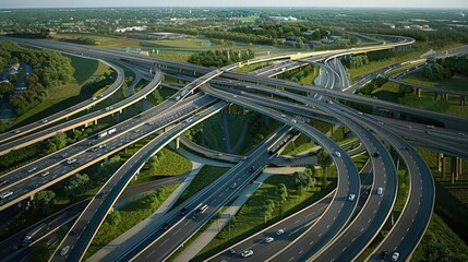 Poster - aerial view of a multi-level highway interchange, showcasing the engineering marvel of its design.