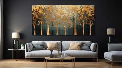 Golden trees on green and black sky background. Modern canvas art