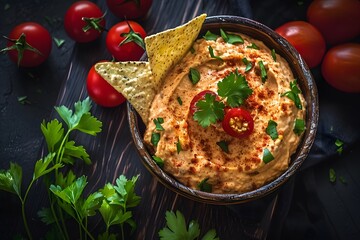 Wall Mural - Creamy hummus garnished with fresh herbs and served with tortilla chips and cherry tomatoes.