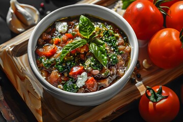 Wall Mural - Fresh homemade bean salad garnished with basil and feta cheese, surrounded by vibrant ripe tomatoes.