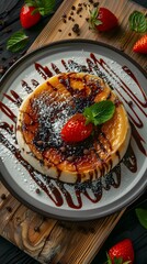 Wall Mural - Delicious cheesecake with fresh strawberries, mint leaves, and chocolate drizzle