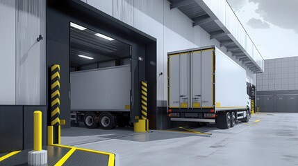 Wall Mural - Loading docks with automated truck restraint systems and vehicle safety sensors prevent truck rollaway incidents