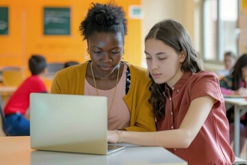 Two students collaborate using laptop in classroom