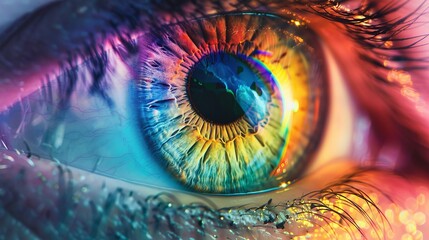 Poster - Multicolored iris of the eye animation concept with rainbow lines scattering from a bright binary circle, forming a volumetric human eye illustration