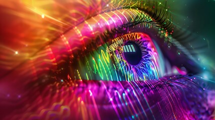 Poster - Multicolored iris of the eye animation concept with rainbow lines scattering from a bright binary circle, forming a volumetric human eye illustration