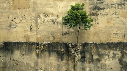 Lonely small green tree on aged wall