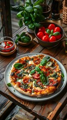 Wall Mural - Freshly baked pizza with tomatoes, basil, and mozzarella on a wooden table with fresh ingredients