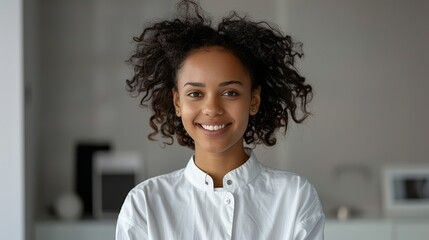 Realistic hyper-detailed portrait of a cheerful young African woman smiling, embodying her happiness and fulfillment from achieving her professional and personal goals. Background images that