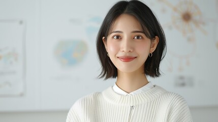 Realistic hyper-detailed portrait of a cheerful young Asian woman smiling, highlighting her satisfaction and pride as she enjoys the results of her hard work and determination. Background images that