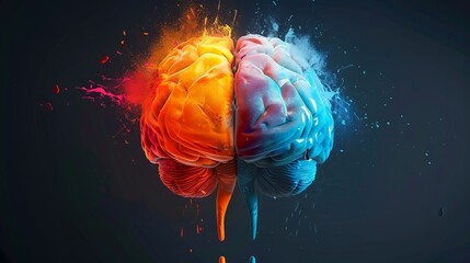 Illustration of left and right brain functions highlighting analytical and creative aspects with colorful brain diagram and keywords representing logical thinking, creativity, art, science, problem so