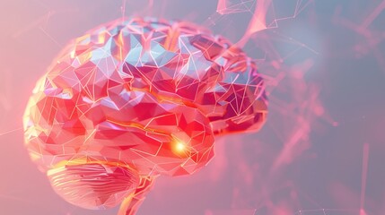 Poster - low poly human brain illustration glowing on white background with geometric shapes and digital conn