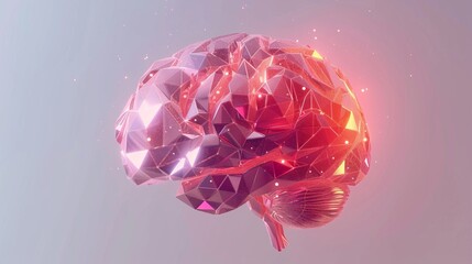 Poster - low poly human brain illustration glowing on white background with geometric shapes and digital conn