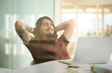 Poster - Business, man and happy to relax with laptop for productivity, finish project deadline and break at desk. Professional, employee and satisfied in office with research feedback, daydreaming and smile