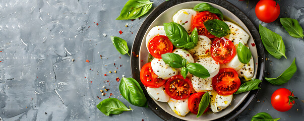 A top view of a traditional Italian Caprese salad with fresh tomatoes, mozzarella cheese, and basil leaves drizzled with olive oil and spices on a dark textured background.