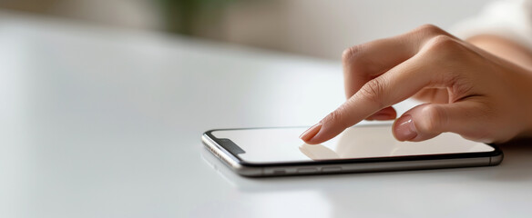 Close up of a woman's hand using a smartphone, finger touching the screen mockup on a white table in an office with copy space