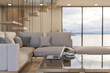 © bongkarn - A laptop computer on a modern coffee table in a contemporary luxurious living room.