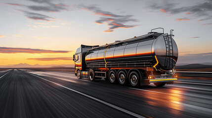 Wall Mural - A tanker truck driving on a highway during sunset with a clear sky and distant mountains in the background.