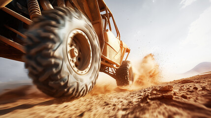 Poster - Close-up of an off-road vehicle making a splash in the dirt, creating a dynamic and action-packed scene with a clear blue sky in the background.