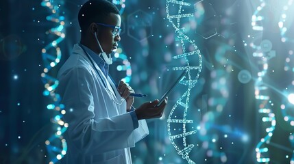 Poster - Medical doctor writing electronic medical record on tablet with dna hologram on modern virtual screen interface, highlighting digital healthcare, network connection, medical insurance technology, and 