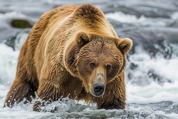 A majestic brown bear fishing for salmon in a fast-flowing river. 