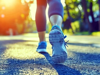 Close-up of a runner's feet on the pavement, captured at sunrise. Ideal for fitness, outdoor exercise, running lifestyle, and active living themes.