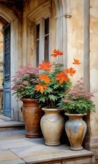 Autumn Leaves in Pots Against Stone Wall.