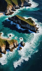 Poster - Aerial View of Ocean Waves Crashing on Rocky Coastline.