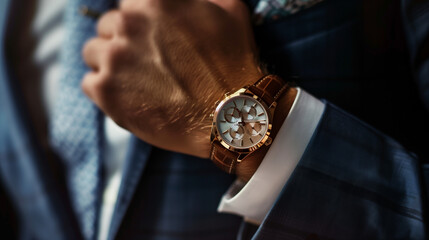 Wall Mural - The wrist of a man in a suit with a visible, elegant and expensive watch. A timepiece as a fashionable accessory.