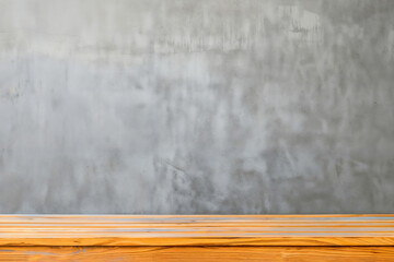 Poster - Empty wooden tabletop for product placement with concrete wall background, perfect for displaying your products