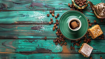 Canvas Print - Turkish coffee and delight on green wooden backdrop