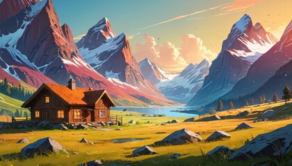 Canvas Print - Mountain Cabin by the Lake.