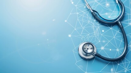 stethoscope for medical doctor diagnosis on blue health science laboratory background with copy spac