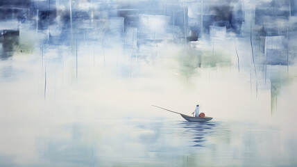 Wall Mural - small lonely fishing boat on the water, artwork in white and blue tones impressionism, background copy space