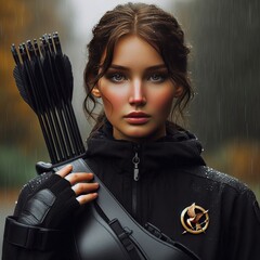 Poster - Katniss Everdeen Volunteer as tribute with a black hunting jacke