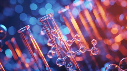 Wall Mural - close-up of colorful test tubes with chemical solutions and 3d molecular structures, ideal for scien